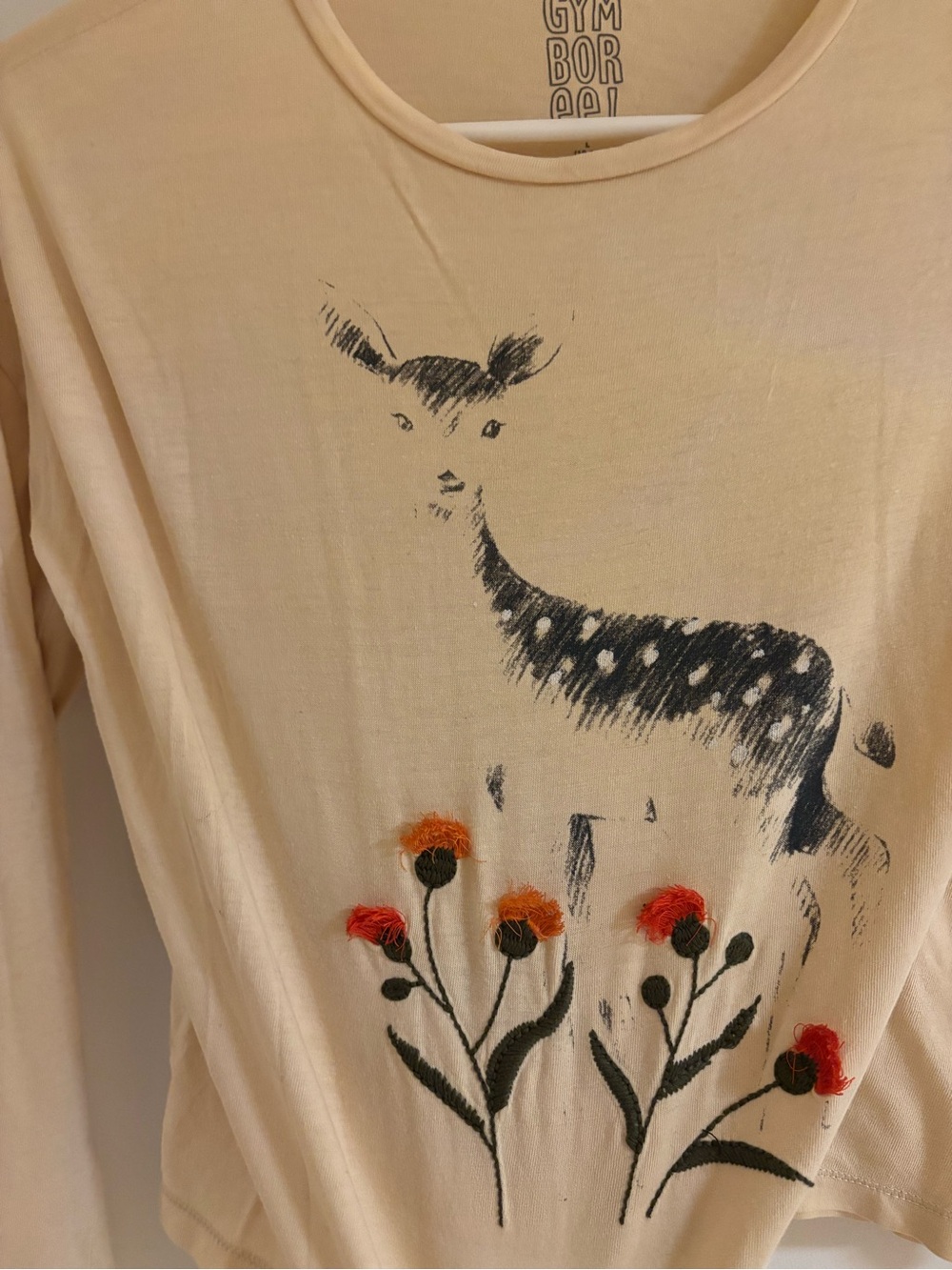 VTG. Gymboree Cream Long Sleeve Tee w Deer & Orange Flower Embroidery Girl (L)